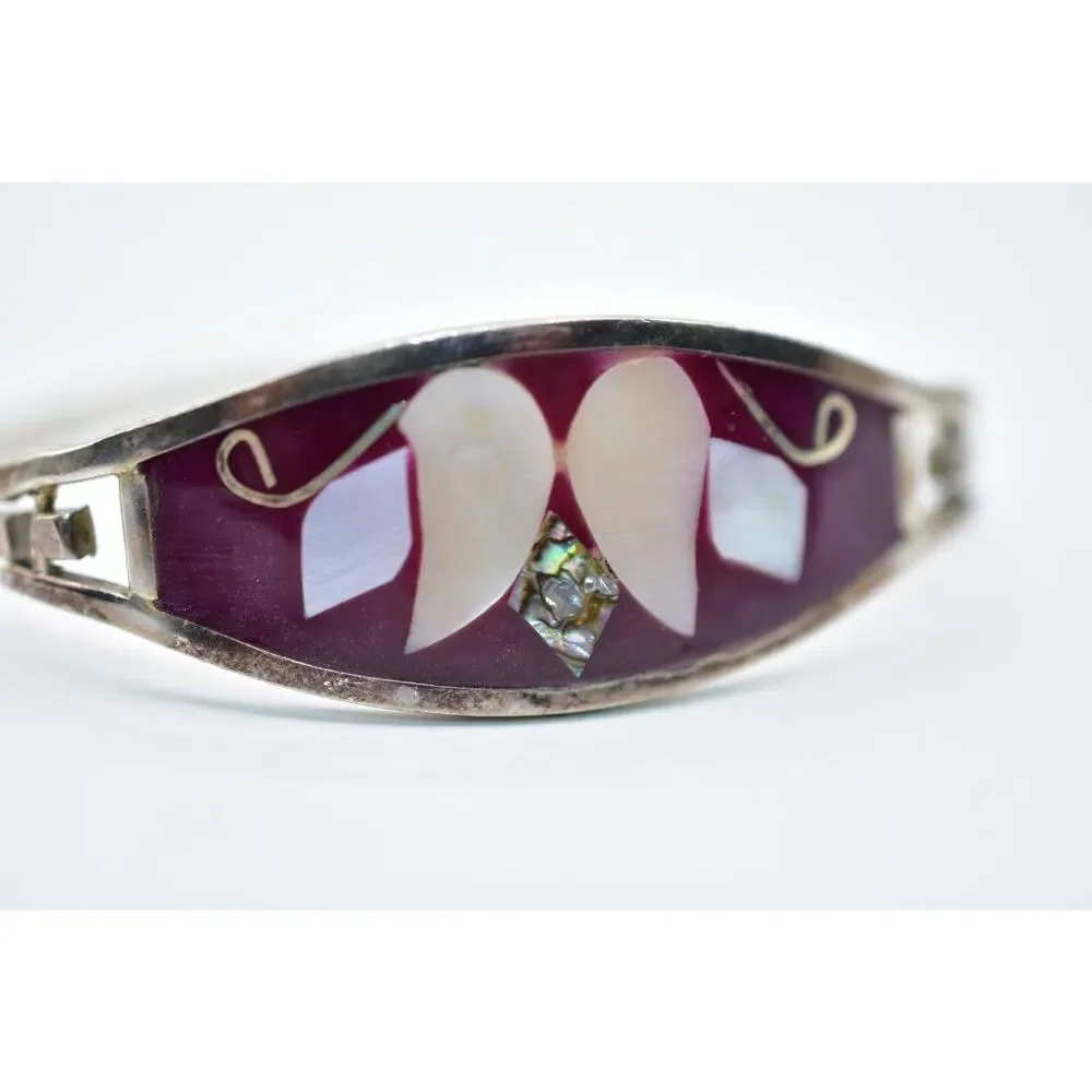 Vintage Bangle Bracelet Mexico Hinged Silver Mother Pearl Inlay Red Enamel Bin2